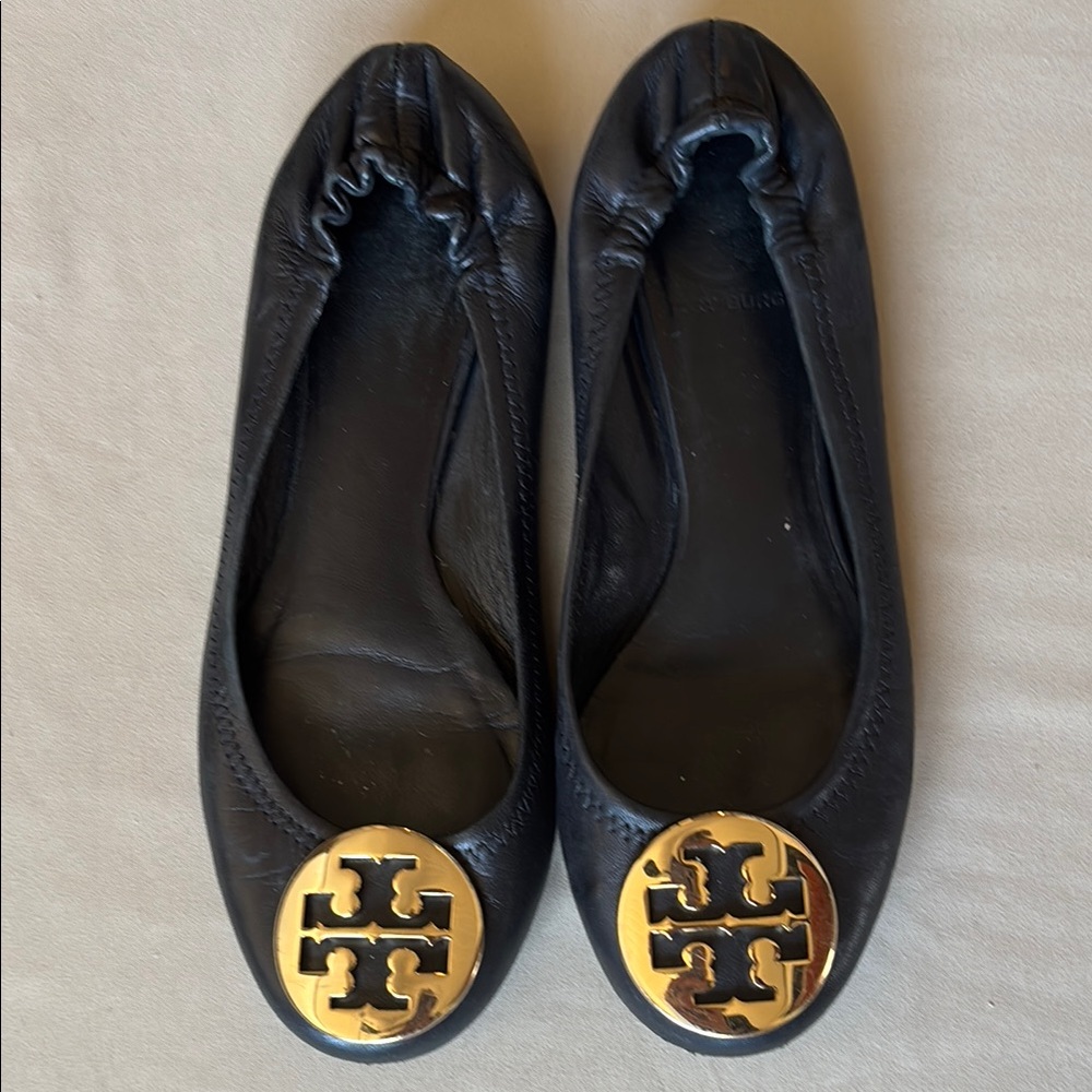 Tory Burch Black Ballet Flats with Gold Logo